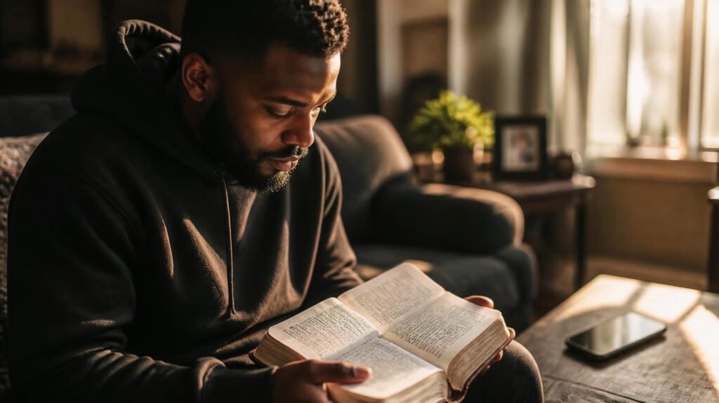 Christian practising biblical discernment while reading news on a smartphone beside an open Bible