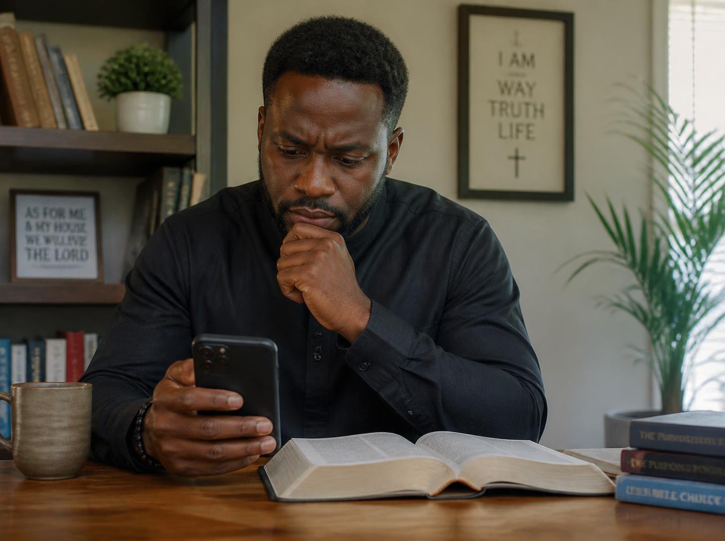 Christian practising biblical discernment while reading news on a smartphone beside an open Bible