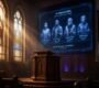 Empty church pulpit with a digital screen, illustrating the rise of AI preachers