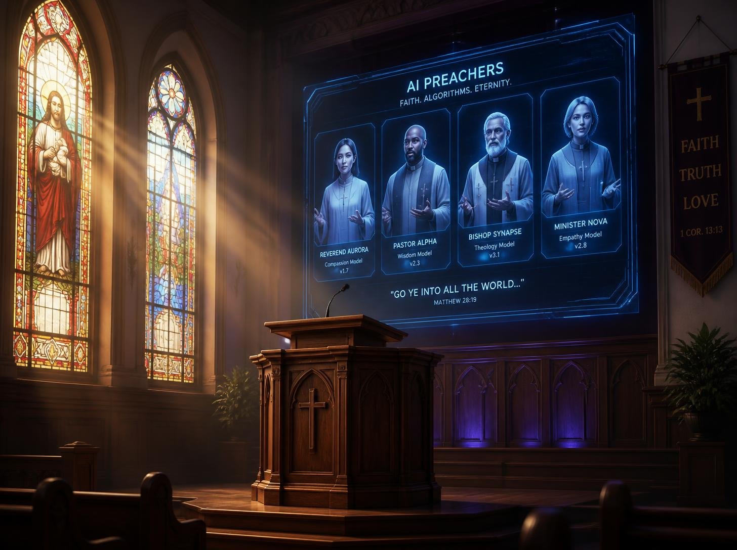 Empty church pulpit with a digital screen, illustrating the rise of AI preachers